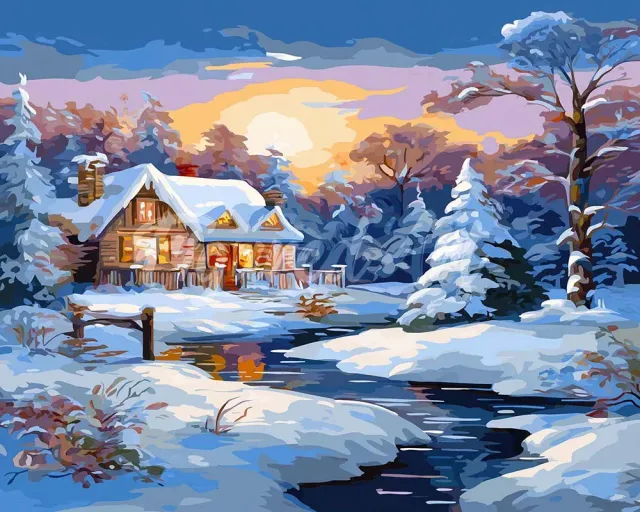 Figured'Art Winterhuisje diamond painting 40x50cm vierkant