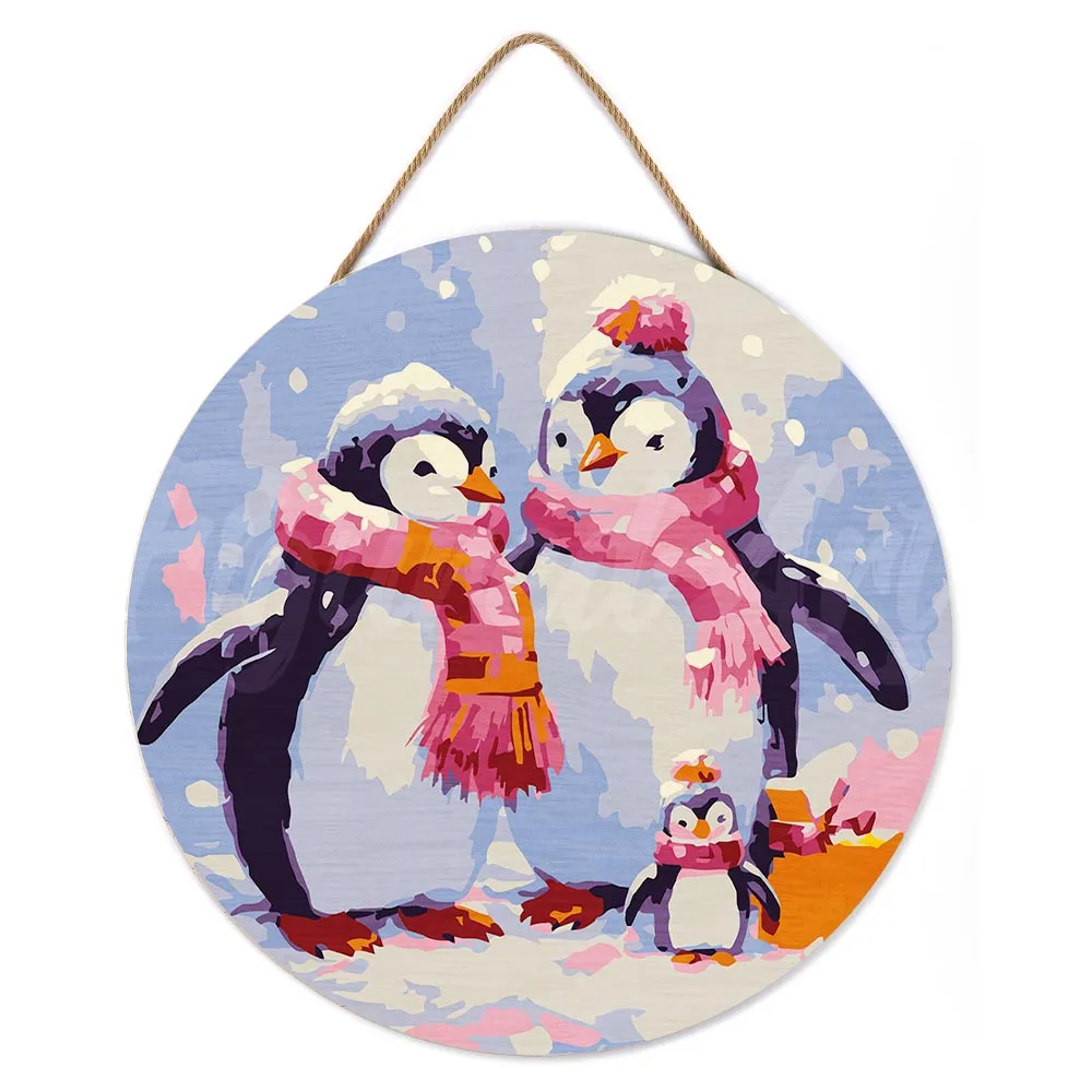 Figured'Art Pinguïfnfamilie in de Sneeuw schilderen op nummer Ø30cm hout